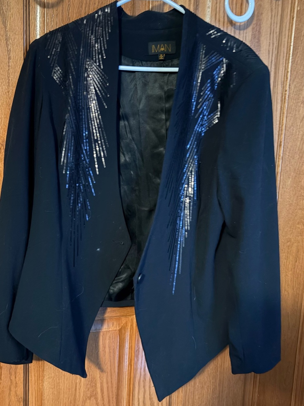 IMAN Black Open-Front Blazer with Sequin Fringe Detail